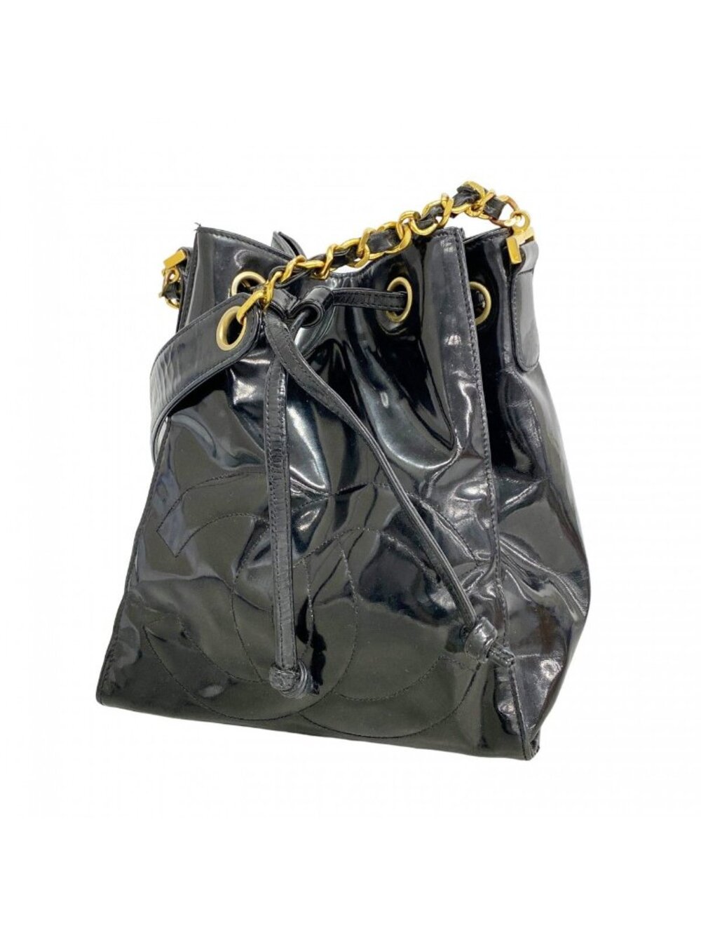 Chanel Shoulder Bag Patent Leather Black Gold